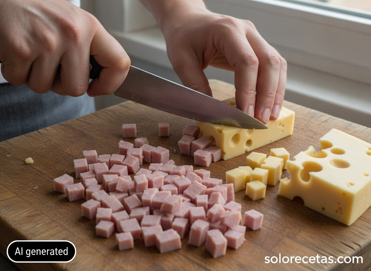 Manos cortando jamón cocido y queso Emmental en dados sobre una tabla de madera