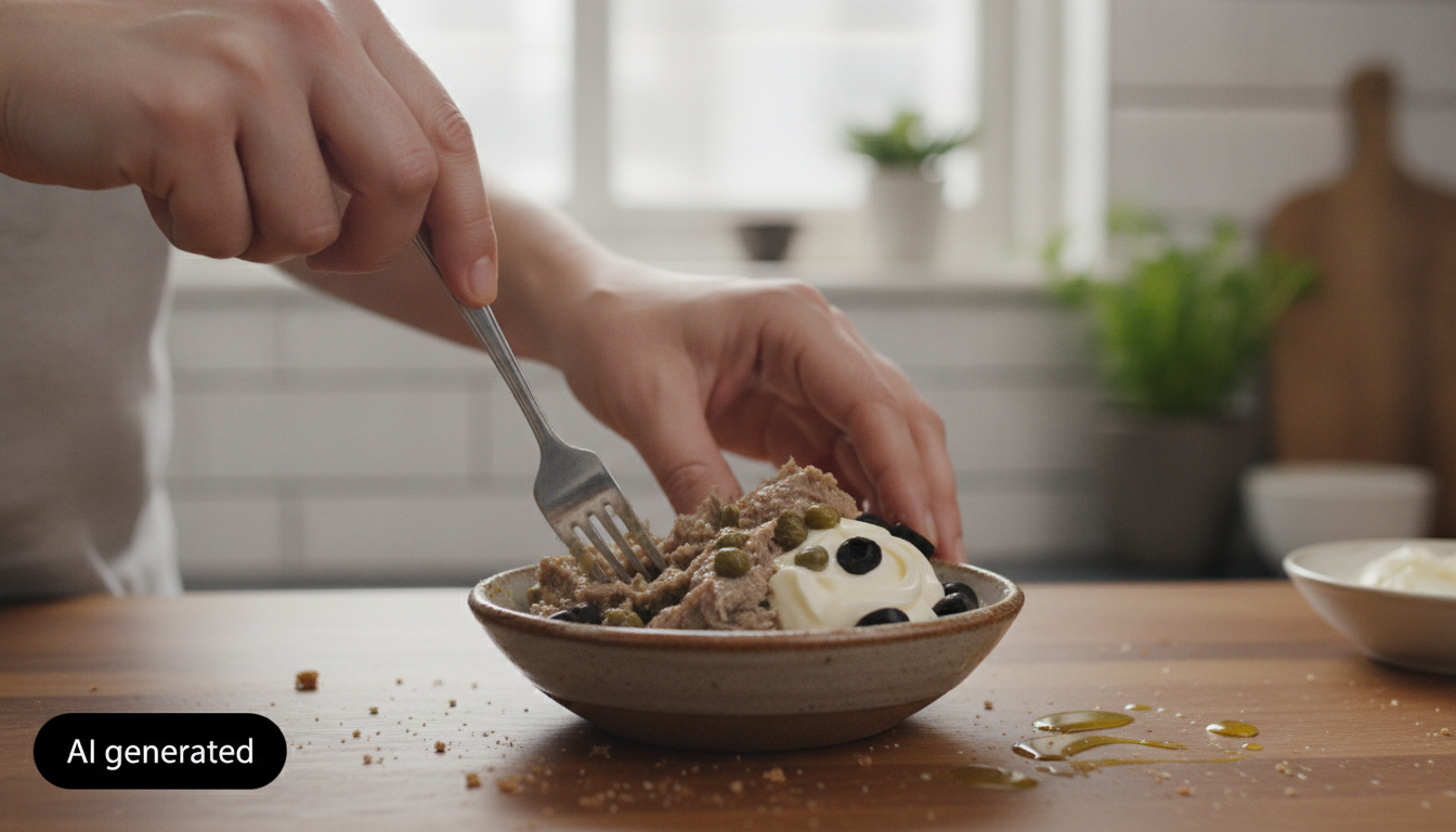 Mezclando la pasta de anchoas con mayonesa, alcaparras y aceitunas