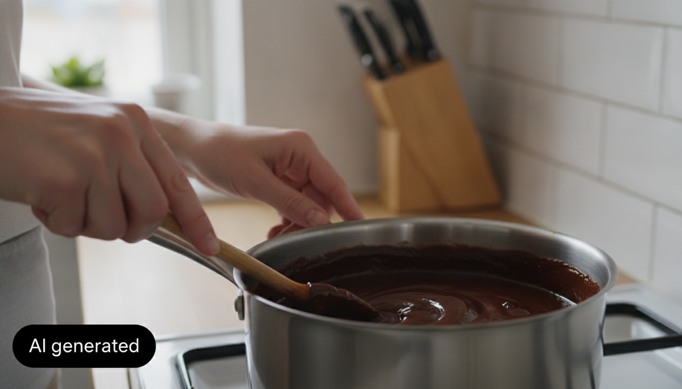 Pirámides de nueces: pastel de chocolate y nueces al horno 1 Removiendo la crema de chocolate a fuego lento hasta que espese
