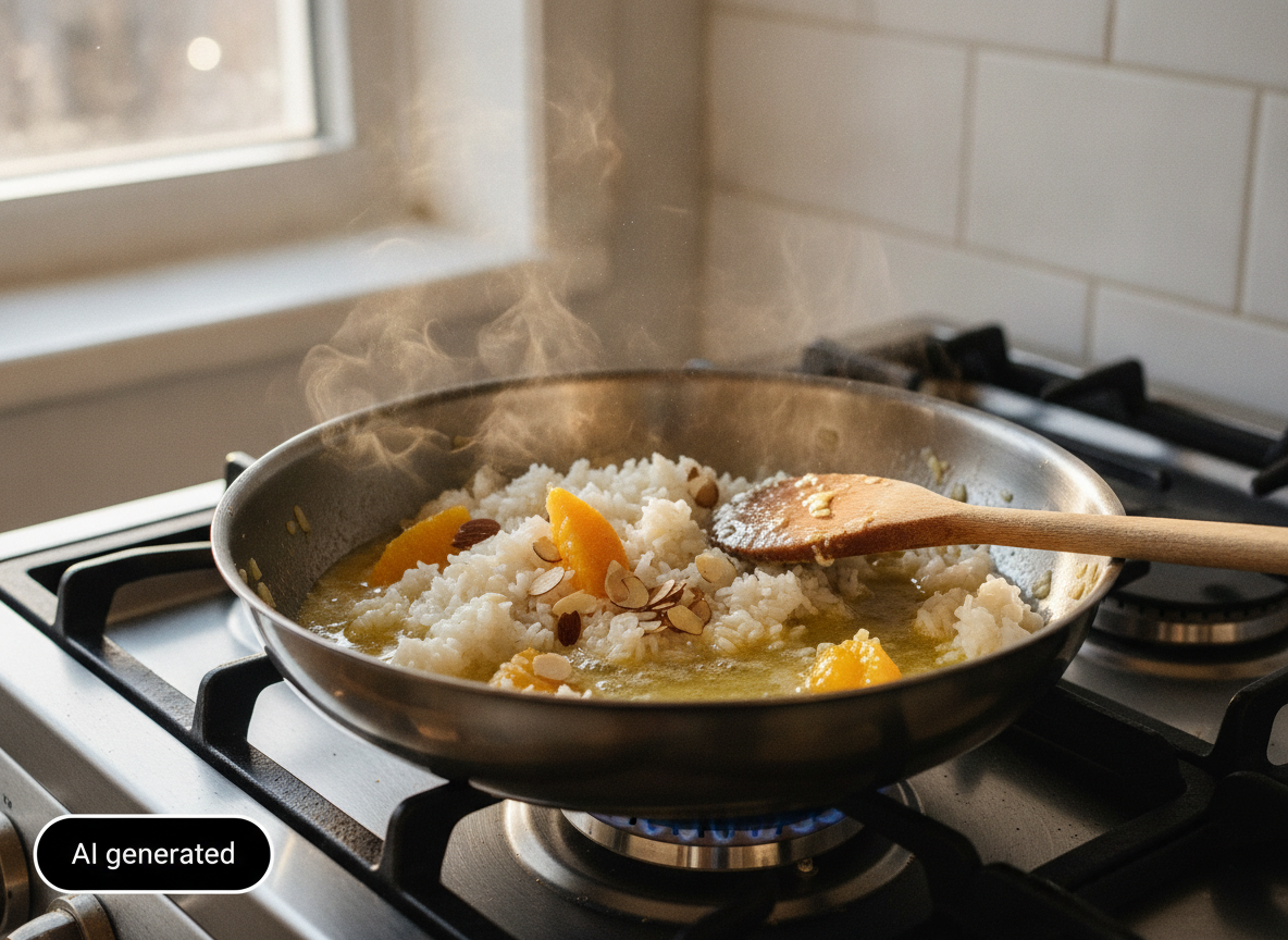 Cociendo el arroz con mantequilla, naranja y almendras