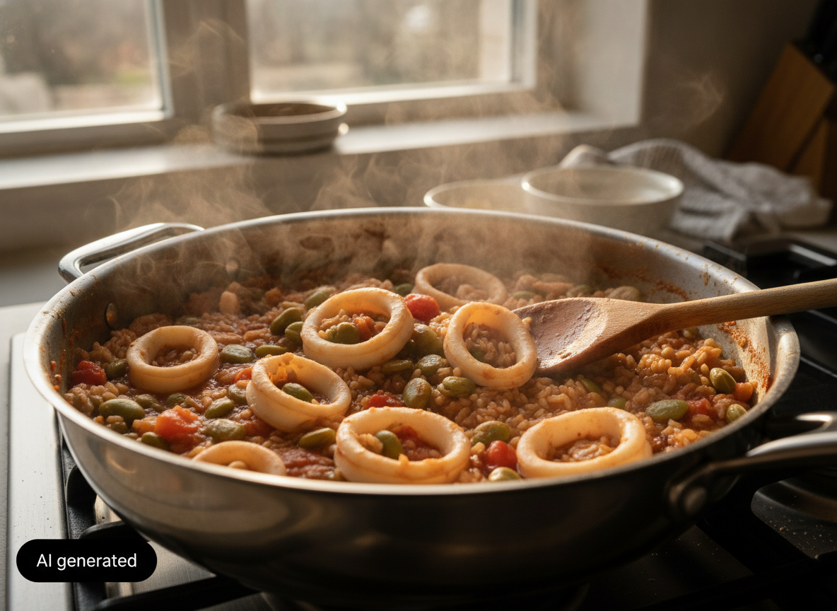 Calamares con arroz integral y habas cociéndose en la sartén