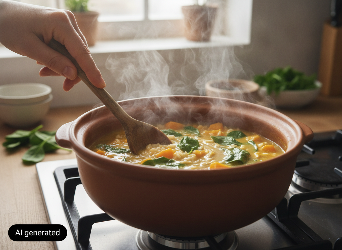 Sopa de calabaza con arroz: receta casera fácil y reconfortante 2 Sopa de calabaza con arroz cociéndose en la cazuela