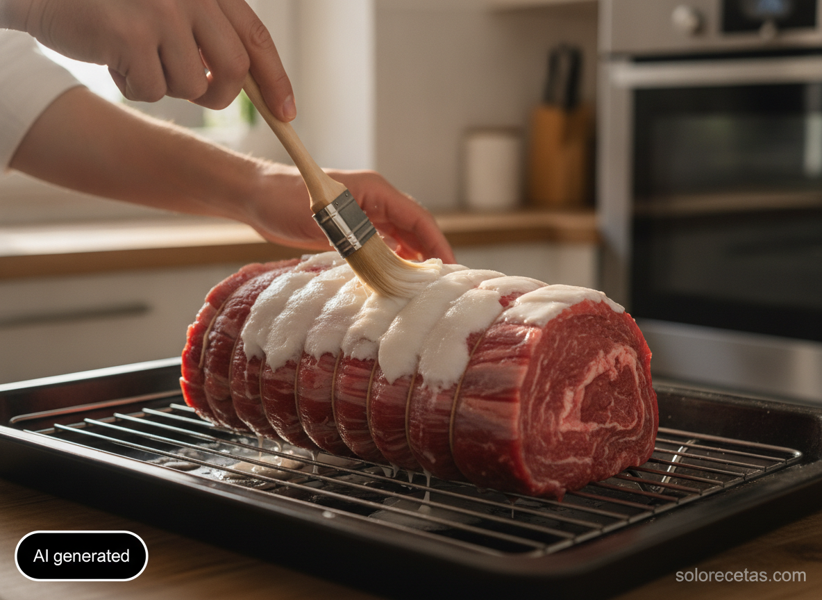 Untando la carne con manteca antes de meterla al horno