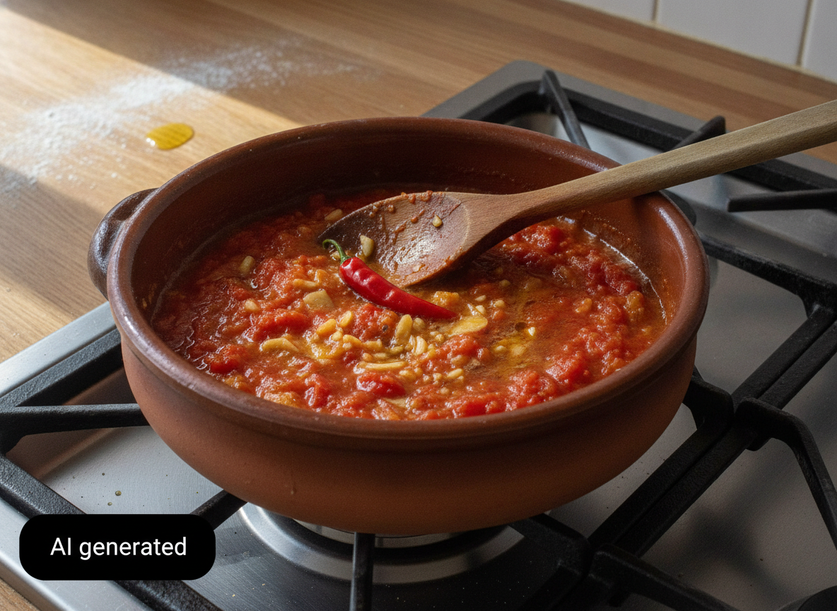 Muslos de pollo picantones: guiso con tomate y aceitunas 1 Sofrito de tomate, ajo y guindilla en cazuela de barro