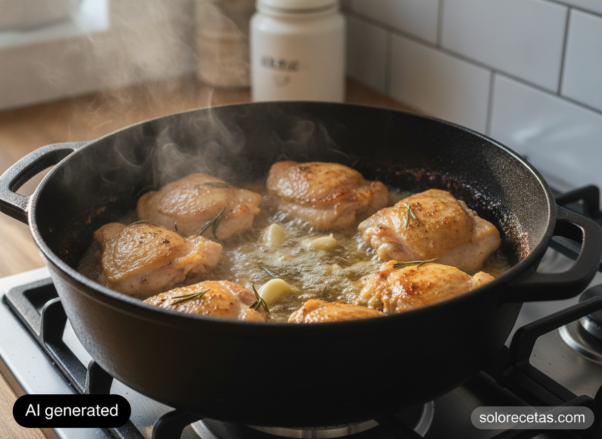 Pollo troceado dorándose en mantequilla