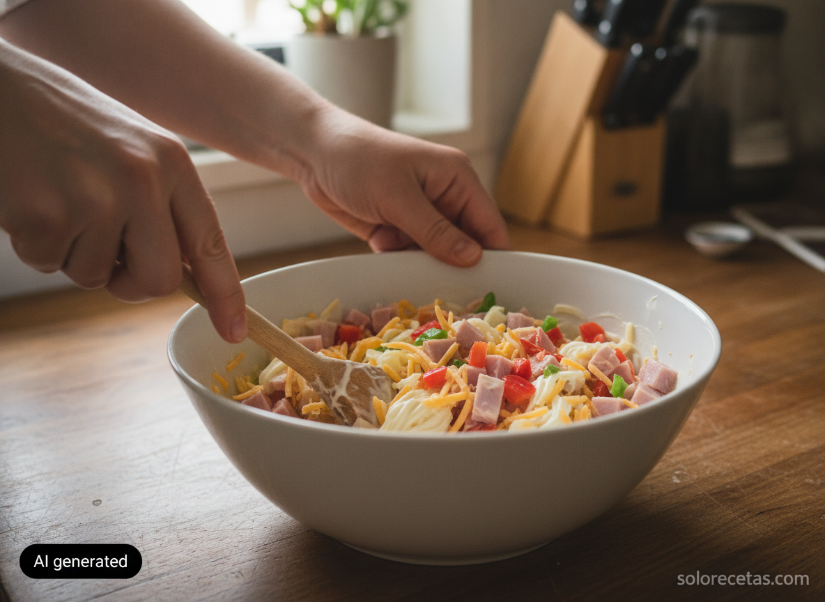 Mezclando jamón, pimientos y queso con mayonesa en un bol grande