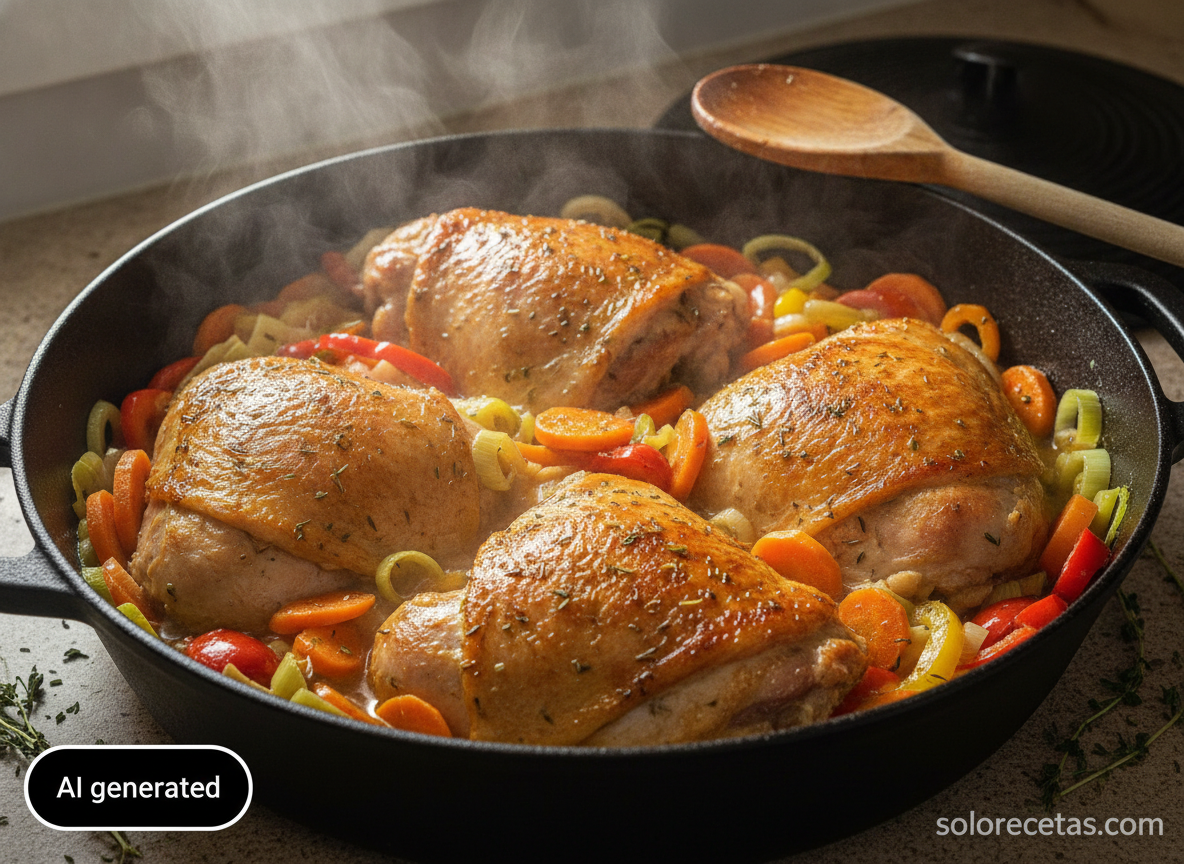 Muslos de pavo estofados con ciruelas pasas 1 Muslos de pavo dorándose con las verduras en la cazuela