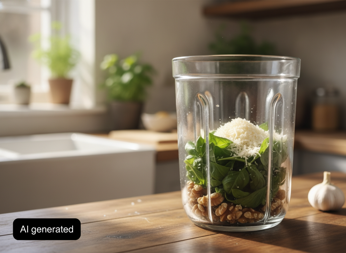 Ingredientes del pesto de nueces en el vaso de la batidora