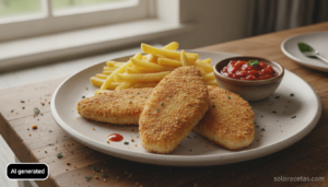 Rodaballo rebozado con patatas y salsa de tomate casera emplatado