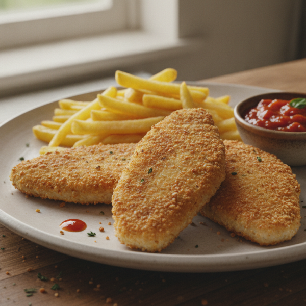 Rodaballo rebozado con patatas y salsa de tomate casera emplatado