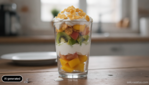 Copa de frutas exóticas con nata y copos de maíz