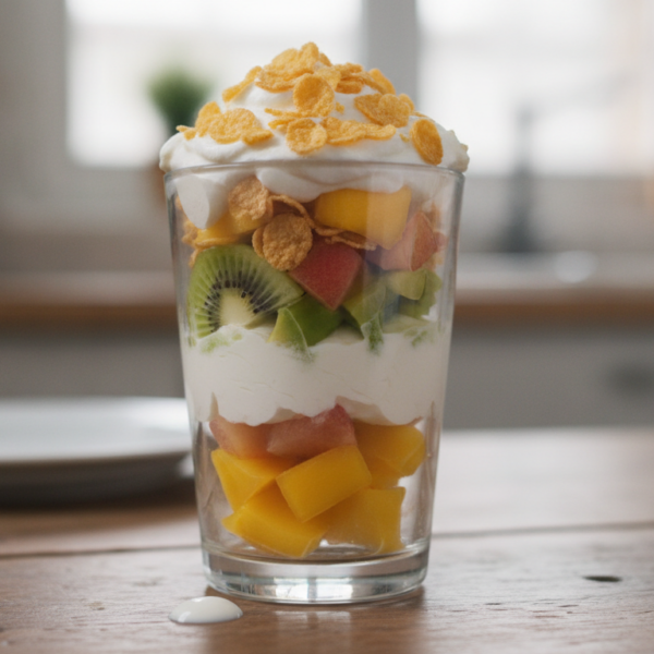 Copa de frutas exóticas con nata y copos de maíz