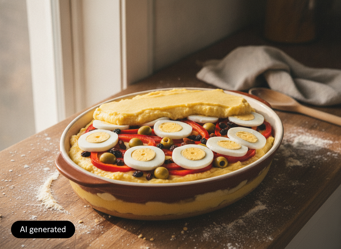 Pastel de maíz salado: receta casera con huevo y aceitunas 1 Capa de relleno del pastel de maiz con huevo y aceitunas