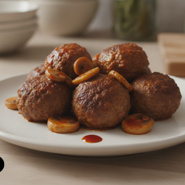 Albondigas de ternera con champinones en salsa de tomate y vino blanco