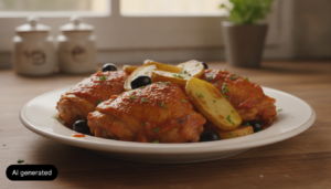 Muslos de pollo picantones con tomate, aceitunas negras y patatas fritas