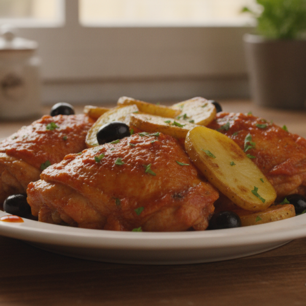 Muslos de pollo picantones con tomate, aceitunas negras y patatas fritas
