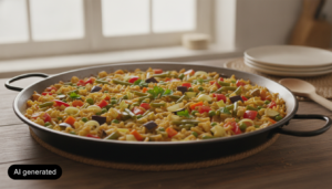 Fideua de verduras servida en paellera
