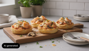 Tartaletas de bacalao con gambas y champinones