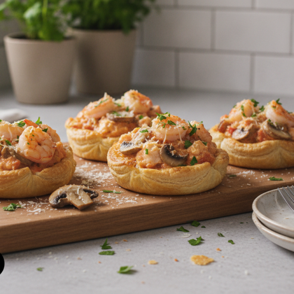 Tartaletas de bacalao con gambas y champinones