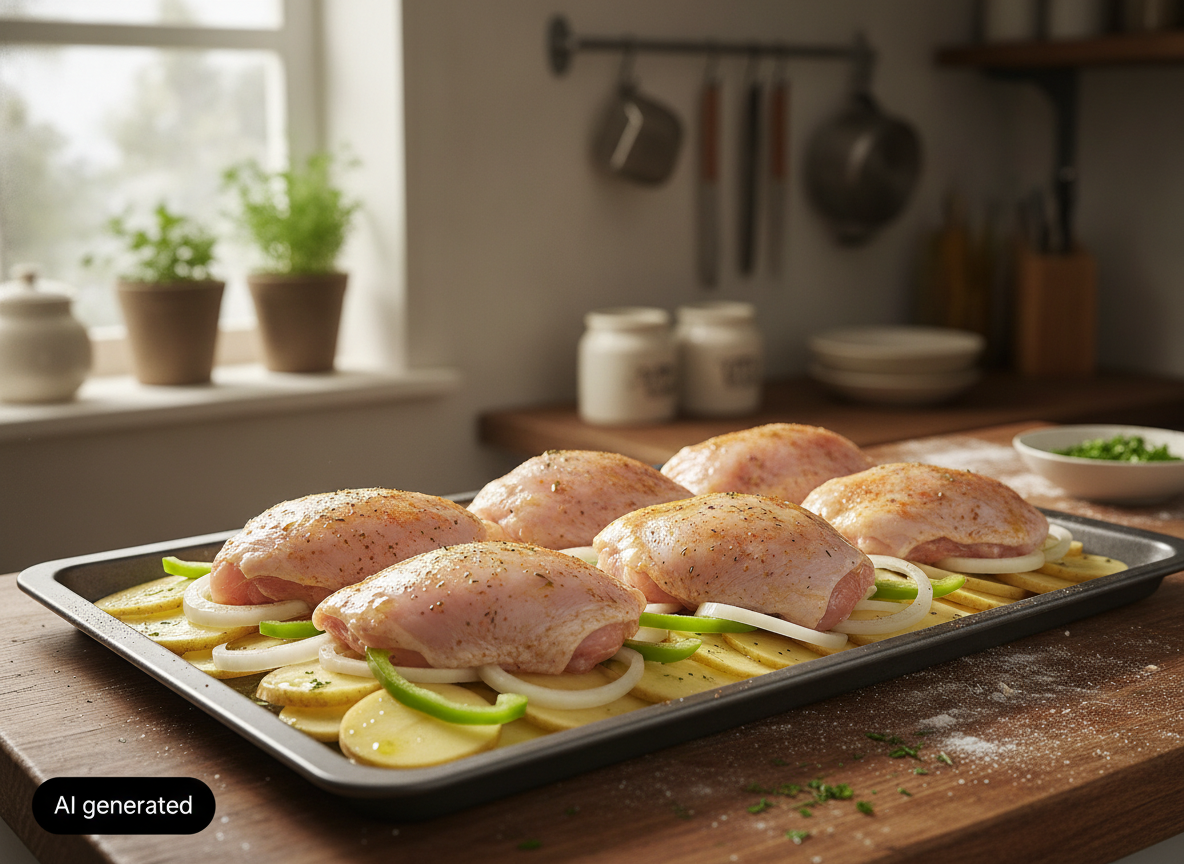 Muslos de pollo rellenos de jamón y queso al horno 2 Placa de horno con patatas cebolla y pimiento antes de hornear