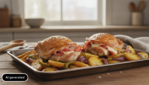Muslos de pollo rellenos de jamon y queso al horno con patatas