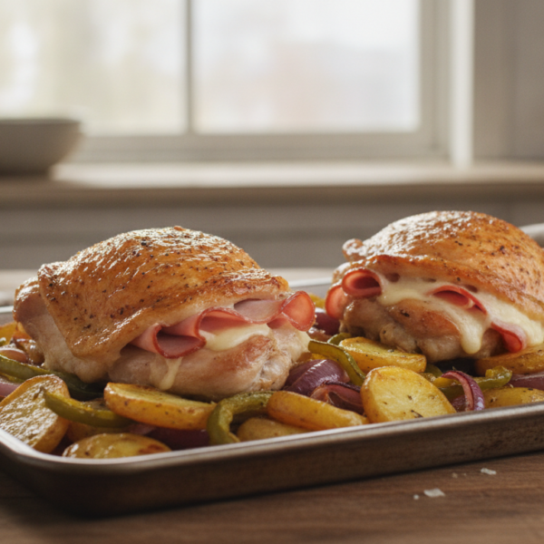 Muslos de pollo rellenos de jamon y queso al horno con patatas