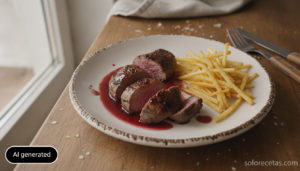 Pichones al vino tinto con salsa reducida y patatas fritas