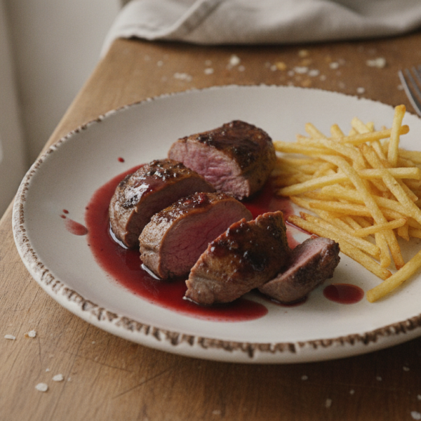 Pichones al vino tinto con salsa reducida y patatas fritas