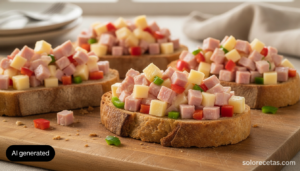 Tostas de ensalada de pimientos y jamón con queso Emmental sobre pan rústico