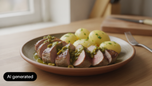 Solomillo con salsa de aceitunas emplatado con patatas