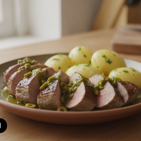 Solomillo con salsa de aceitunas emplatado con patatas