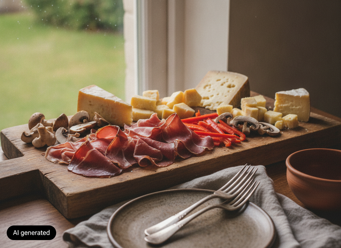 Ensalada de jabalí con queso: receta con vinagreta de mostaza 1 Embutido de jabalí, queso, champiñones y pimiento cortados para la ensalada