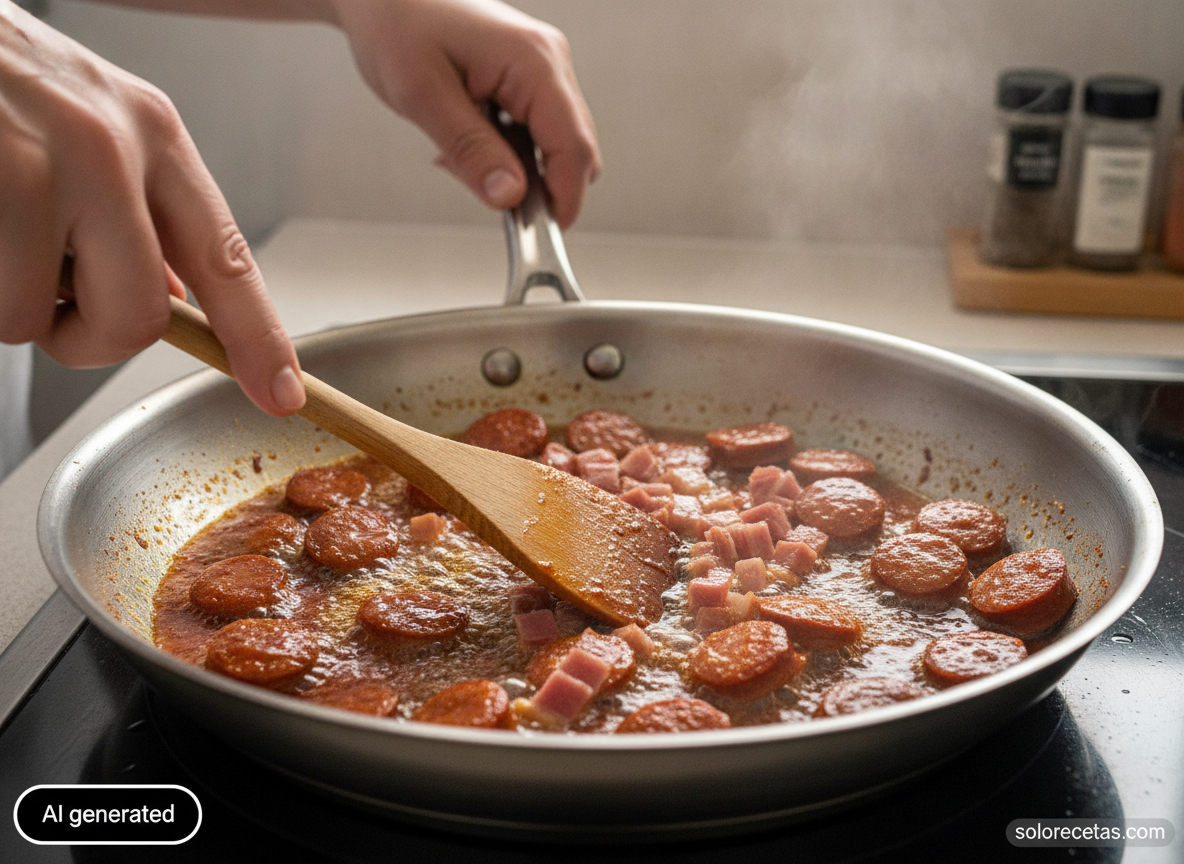 Chorizo y jamón friendo en una sartén para el arroz frito