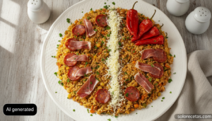 Arroz frito con chorizo, jamón, huevo duro y pimientos de piquillo servido en una fuente