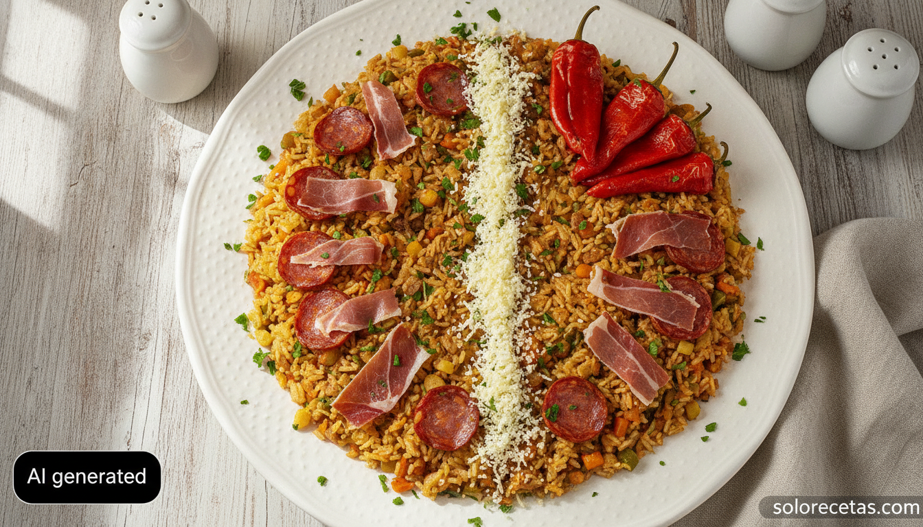 Arroz frito con chorizo, jamón, huevo duro y pimientos de piquillo servido en una fuente