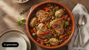 Conejo de monte con menestra de verduras en cazuela de barro