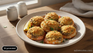 Gambas rellenas gratinadas al horno servidas en un plato