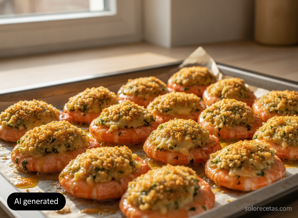 Bandeja de gambas rellenas recién gratinadas en el horno