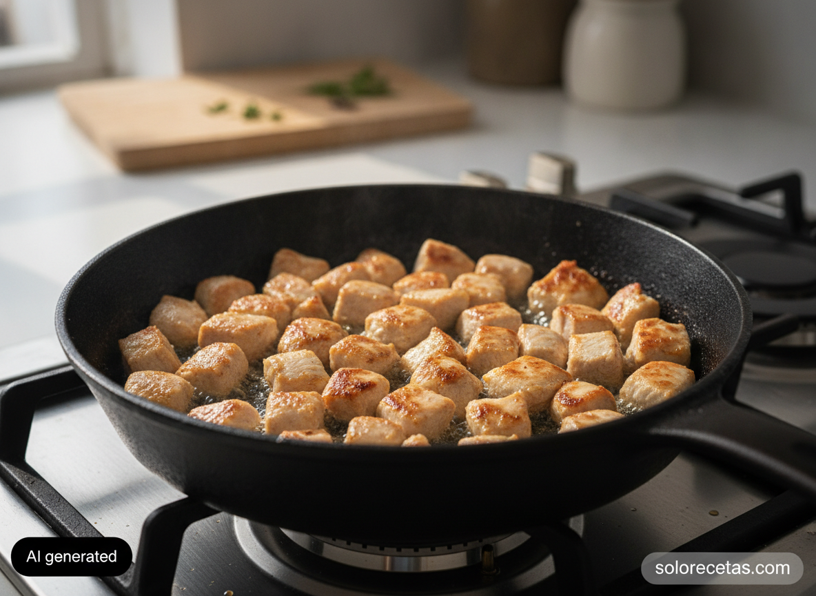 Dados de pechuga de pollo dorándose en la sartén