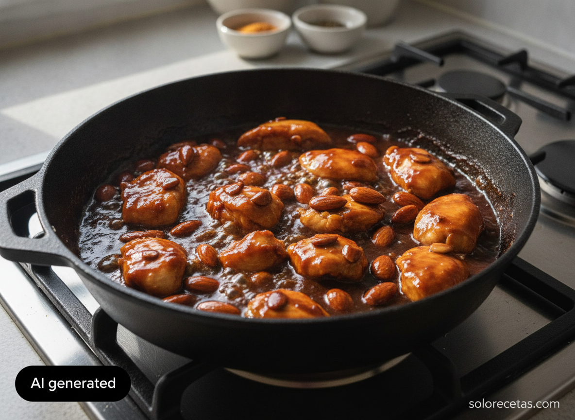 Pollo y almendras cociendo en la salsa de soja reducida