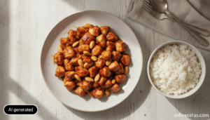 Pechuga de pollo a la almendra con salsa de soja servida con arroz