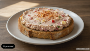 Pate untable de jamon, pimiento y queso con pimenton sobre pan tostado