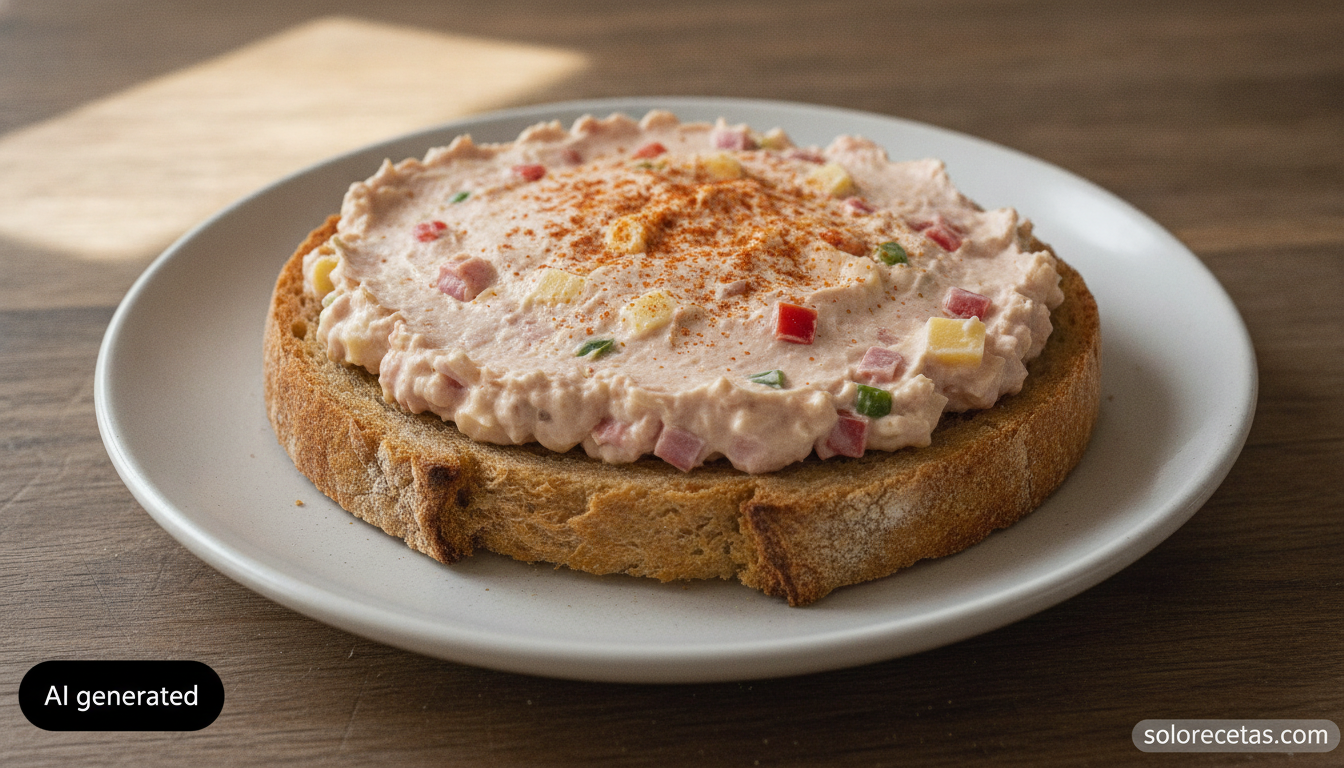 Pate untable de jamon, pimiento y queso con pimenton sobre pan tostado
