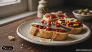 Pincho al pequeño con anchoa, pimiento asado y ajo sobre pan tostado