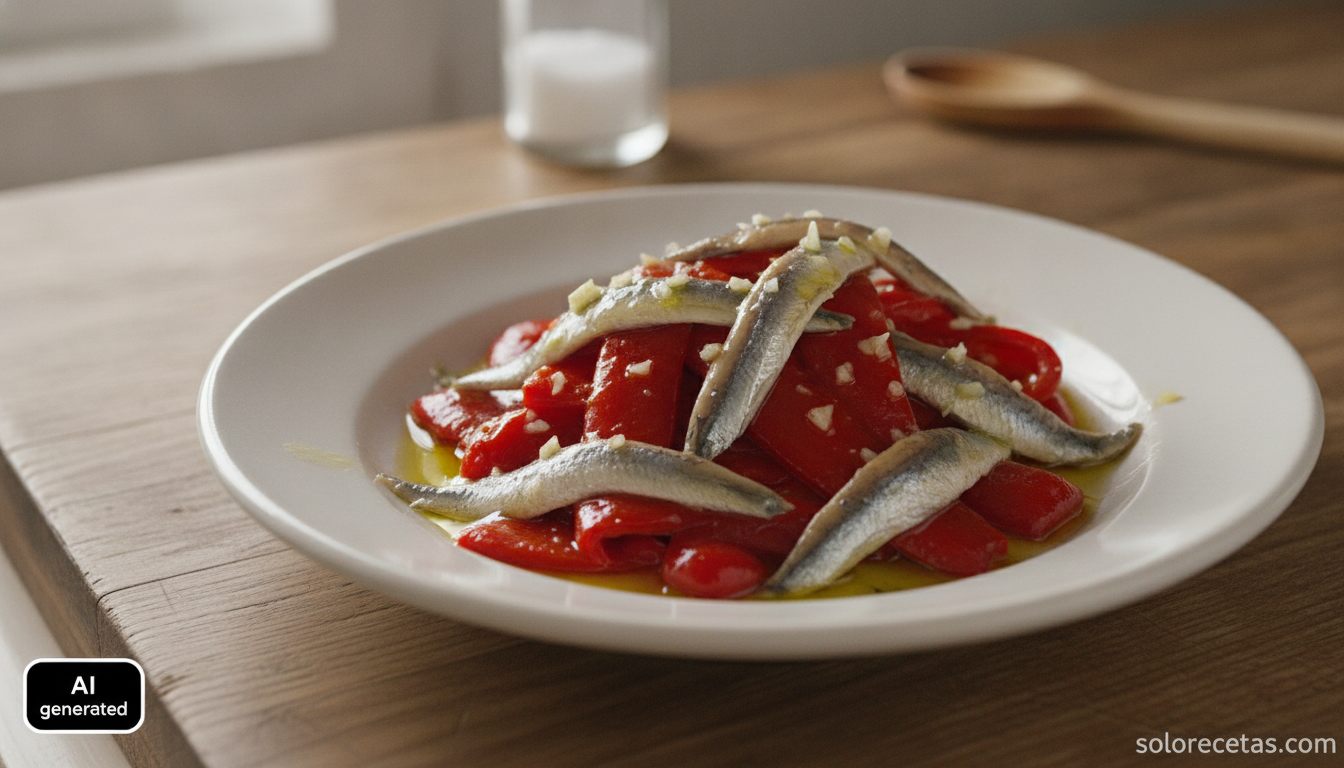 Pimientos asados con anchoas del Cantábrico en tiras con aceite y vinagre