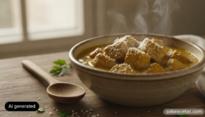 Cerdo al curry con coco rallado en salsa dorada servido en un cuenco